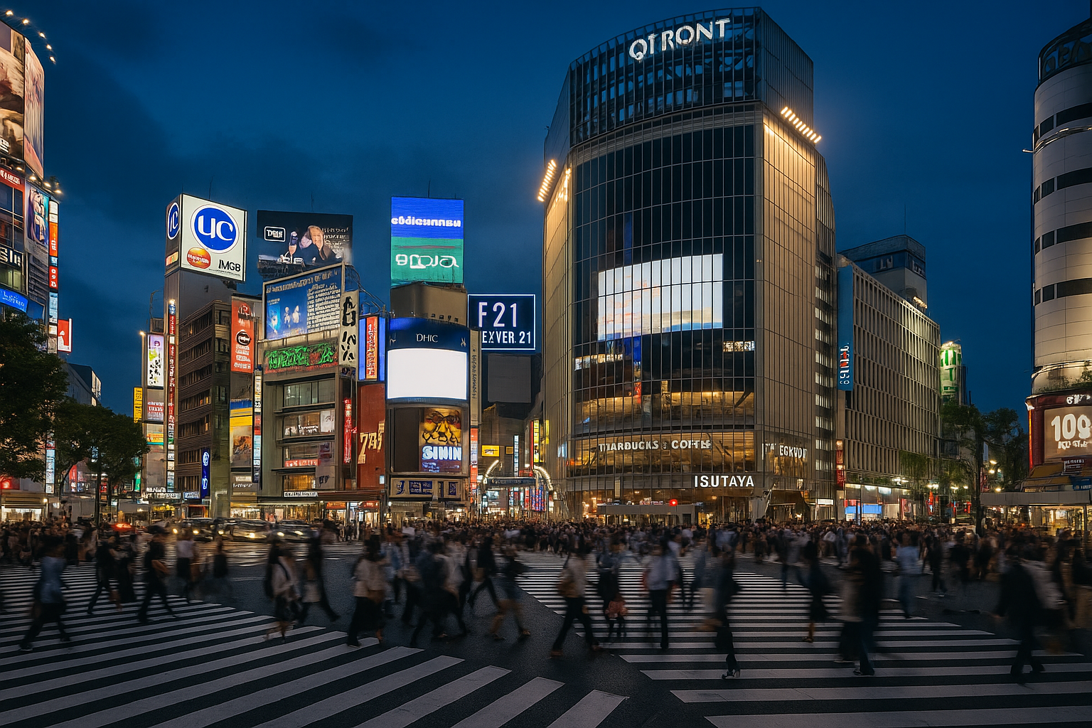 現在の渋谷駅周辺の高層ビルと交差点